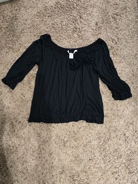 Studio M Black Scoop-Neck Ruffle Blouse with Flower Accent